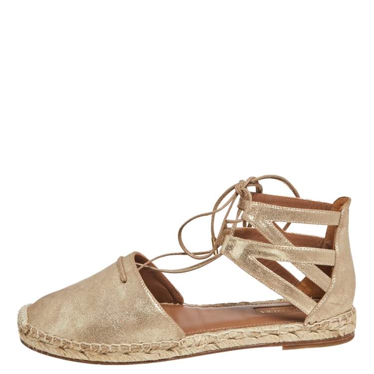 Pre Owned Aquazzura Gold Glitter Suede Ankle Wrap Espadrille Flat Sandals Size 38.5