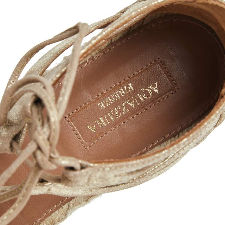Pre Owned Aquazzura Gold Glitter Suede Ankle Wrap Espadrille Flat Sandals Size 38.5