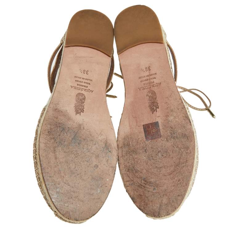 Pre Owned Aquazzura Gold Glitter Suede Ankle Wrap Espadrille Flat Sandals Size 38.5