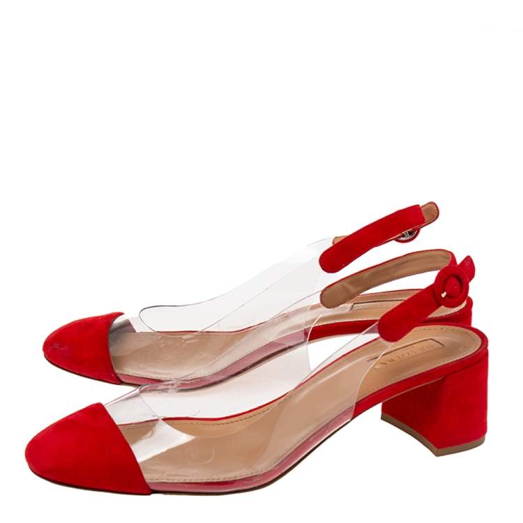 Pre Owned Aquazzura Red Suede and PVC Optic Slingback Pumps Size 40.5