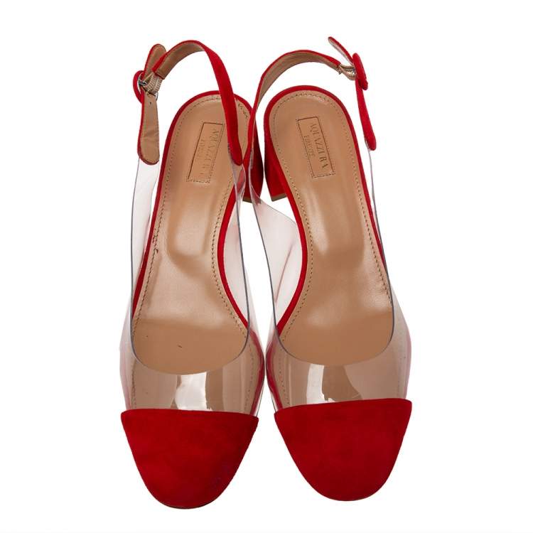 Pre Owned Aquazzura Red Suede and PVC Optic Slingback Pumps Size 40.5