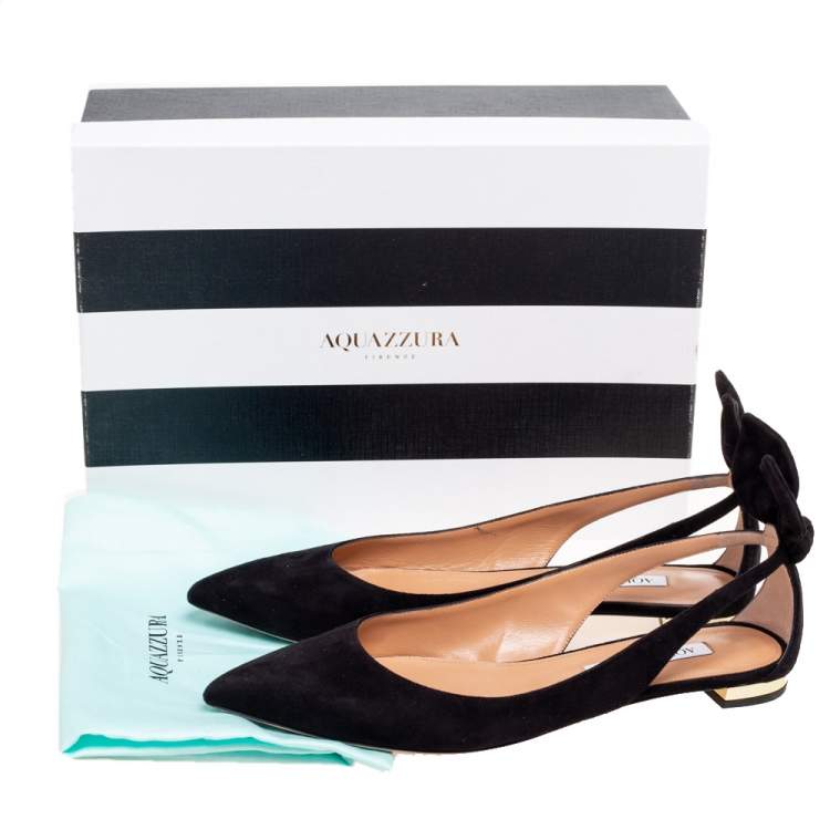 Pre Owned Aquazzura Black Suede Bow Tie Pointed-Toe Flats Size 37.5