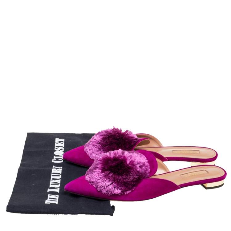 Pre Owned Aquazzura Magenta Suede Powder Puff Pointed-Toe Flat Mules Size 38