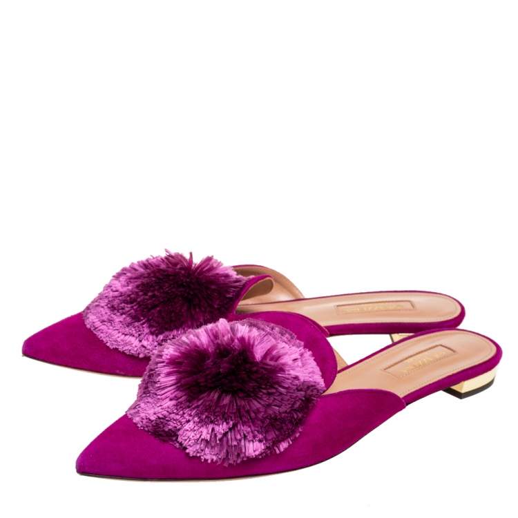 Pre Owned Aquazzura Magenta Suede Powder Puff Pointed-Toe Flat Mules Size 38