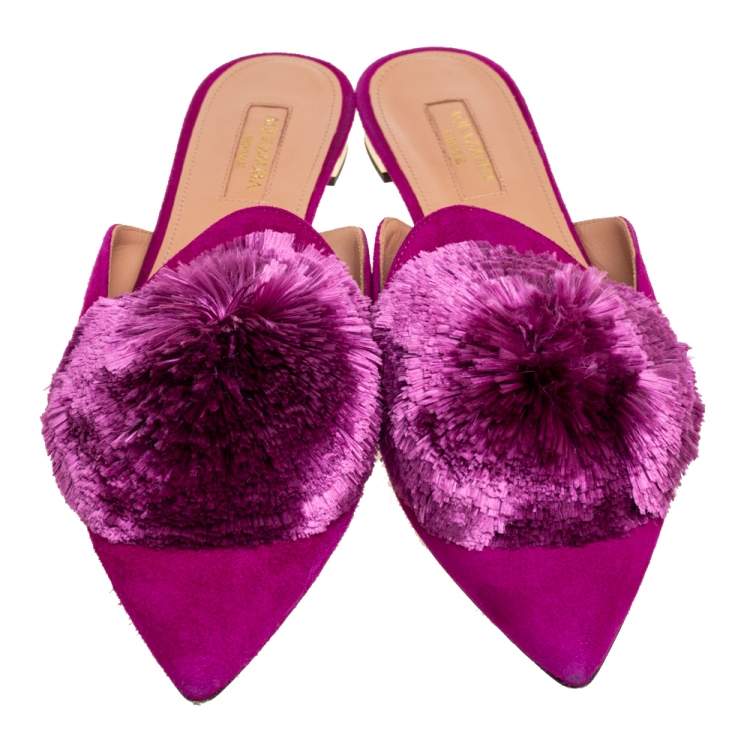 Pre Owned Aquazzura Magenta Suede Powder Puff Pointed-Toe Flat Mules Size 38