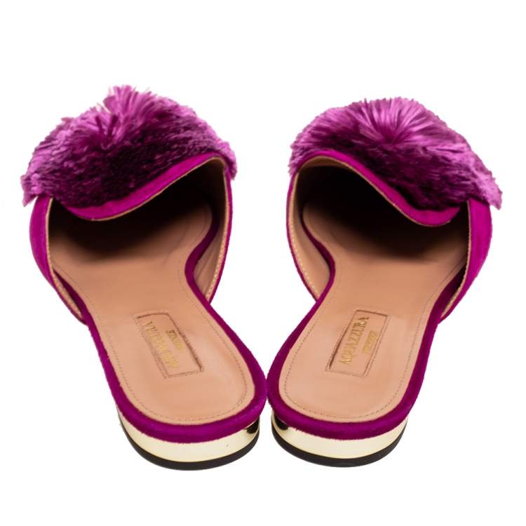 Pre Owned Aquazzura Magenta Suede Powder Puff Pointed-Toe Flat Mules Size 38
