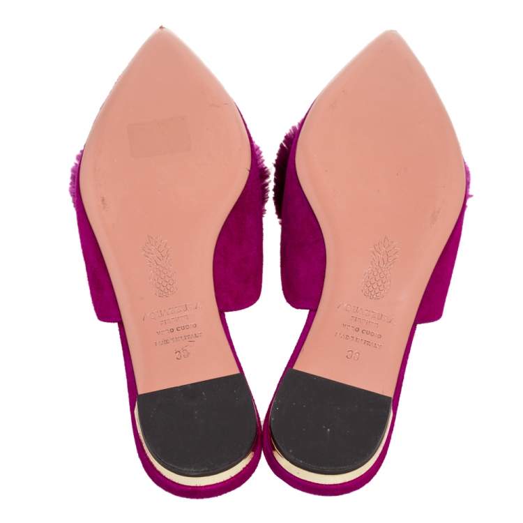 Pre Owned Aquazzura Magenta Suede Powder Puff Pointed-Toe Flat Mules Size 38