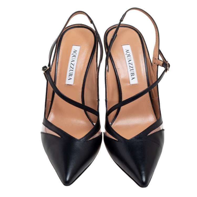 Pre Owned Aquazzura Black Leather and PVC First Love Slingback Pumps Size 39