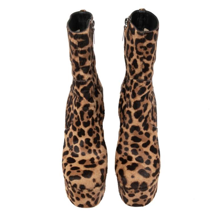 Pre Owned Aquazzura Brown Pony Hair Leopard Print Platform Block Heel Ankle Boots Size 39.5