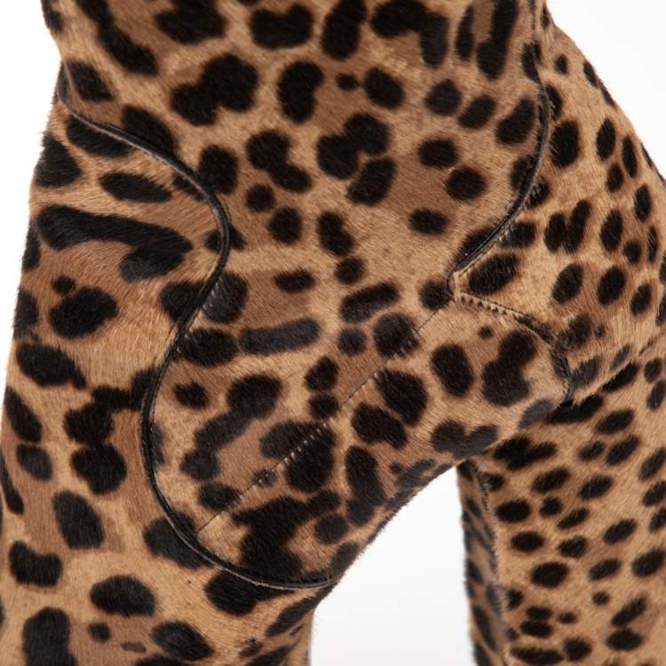 Pre Owned Aquazzura Brown Pony Hair Leopard Print Platform Block Heel Ankle Boots Size 39.5
