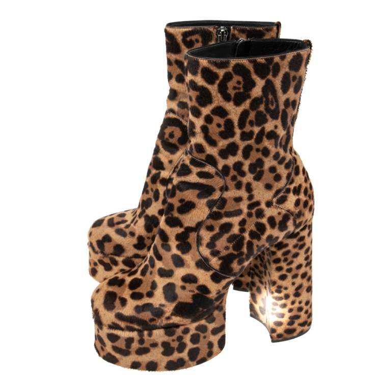Pre Owned Aquazzura Brown Pony Hair Leopard Print Platform Block Heel Ankle Boots Size 39.5