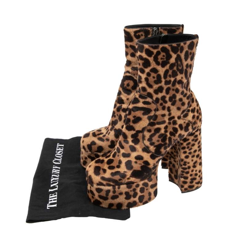 Pre Owned Aquazzura Brown Pony Hair Leopard Print Platform Block Heel Ankle Boots Size 39.5