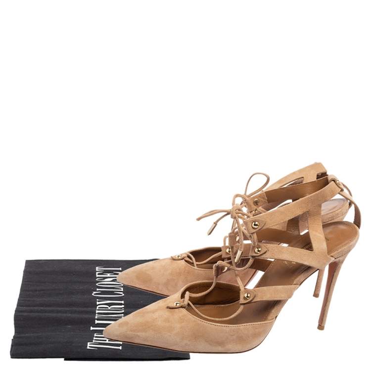 Pre Owned Aquazzura Beige Suede Belgravia Lace Up Pointed Toe Pumps 38