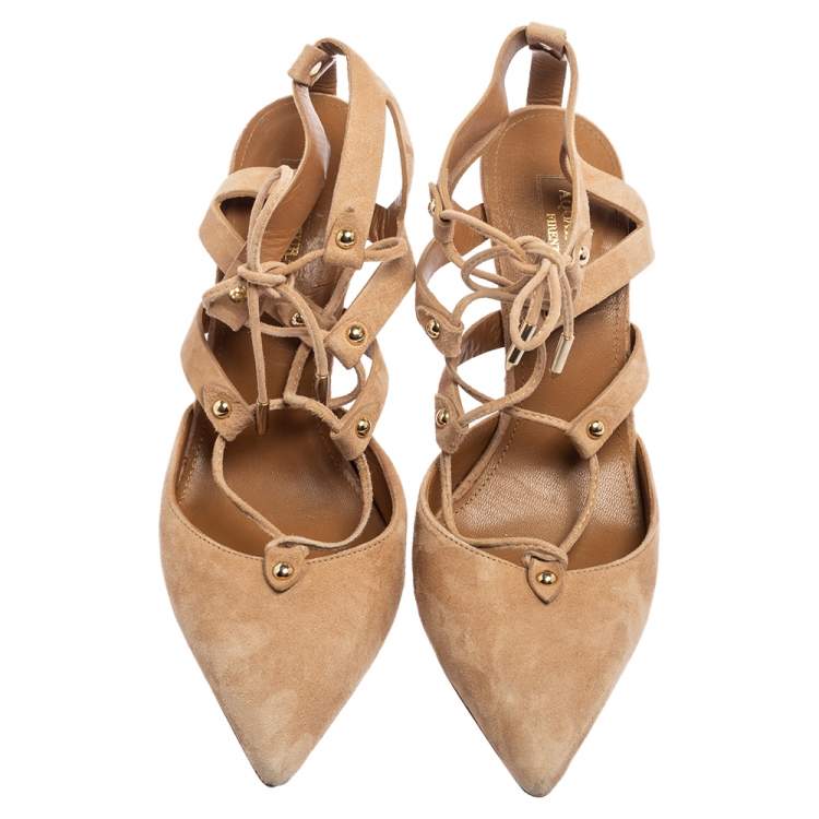 Pre Owned Aquazzura Beige Suede Belgravia Lace Up Pointed Toe Pumps 38