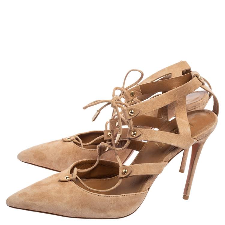 Pre Owned Aquazzura Beige Suede Belgravia Lace Up Pointed Toe Pumps 38
