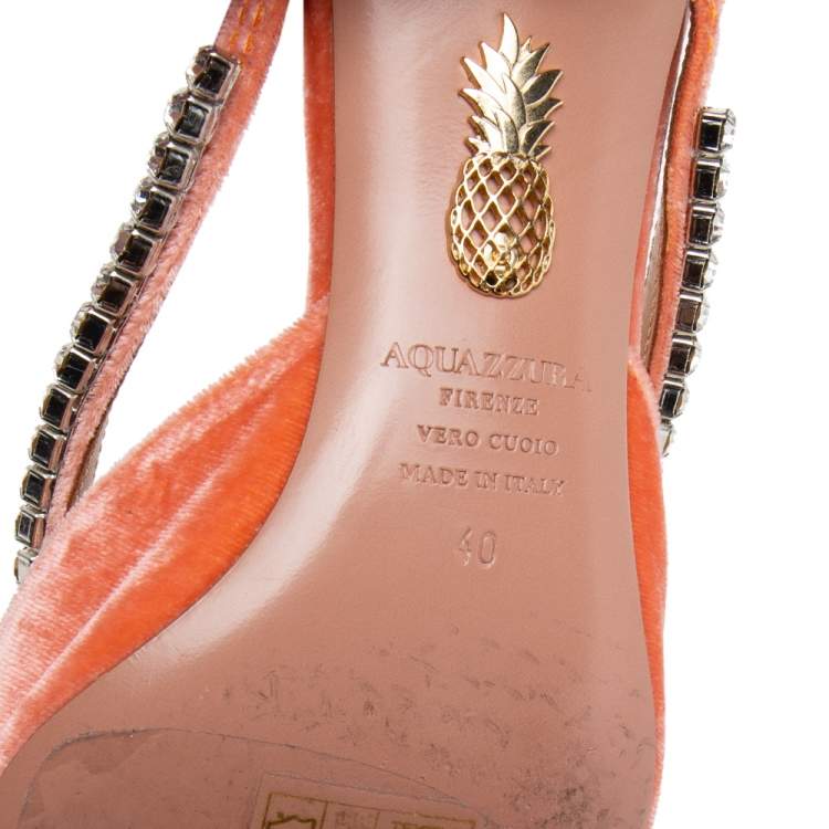 Pre Owned Aquazzura Coral Pink Velvet Sabine Crystal Embellished Mules Size 40 