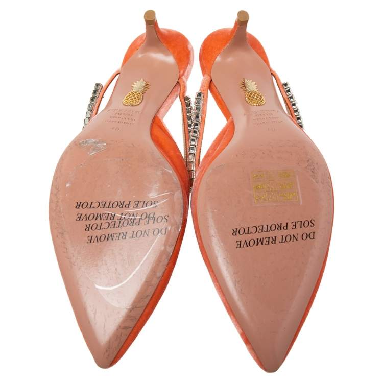 Pre Owned Aquazzura Coral Pink Velvet Sabine Crystal Embellished Mules Size 40 