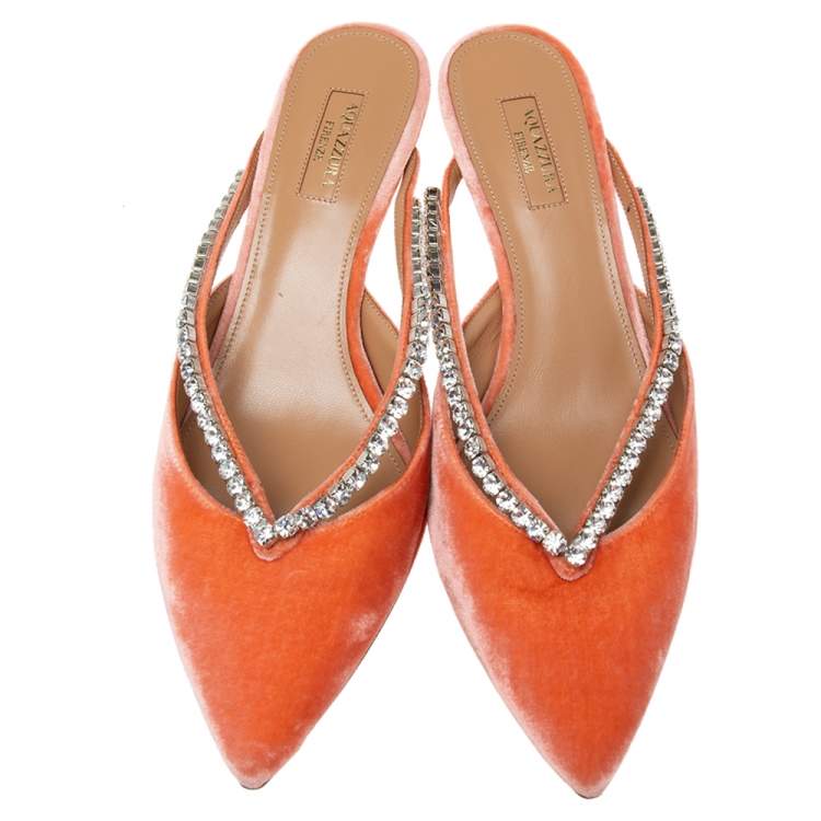 Pre Owned Aquazzura Coral Pink Velvet Sabine Crystal Embellished Mules Size 40 