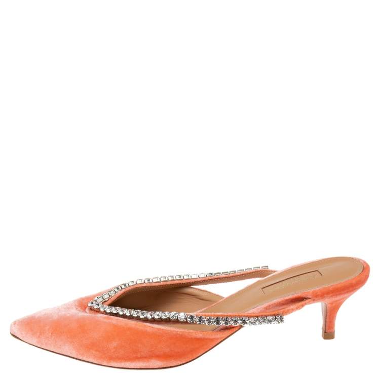 Pre Owned Aquazzura Coral Pink Velvet Sabine Crystal Embellished Mules Size 40 