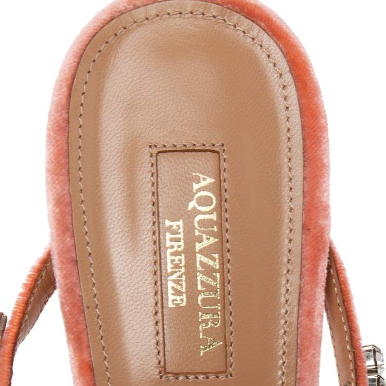 Pre Owned Aquazzura Coral Pink Velvet Sabine Crystal Embellished Mules Size 40 