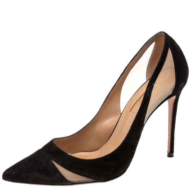 Pre Owned Aquazzura Black Suede And Net Pointed Toe Pumps Size 36