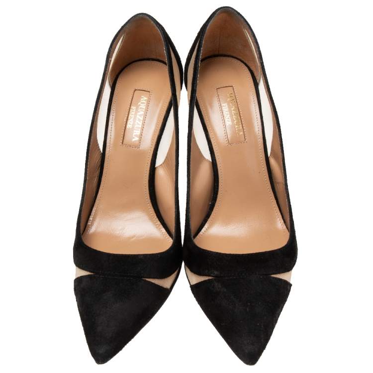 Pre Owned Aquazzura Black Suede And Net Pointed Toe Pumps Size 36