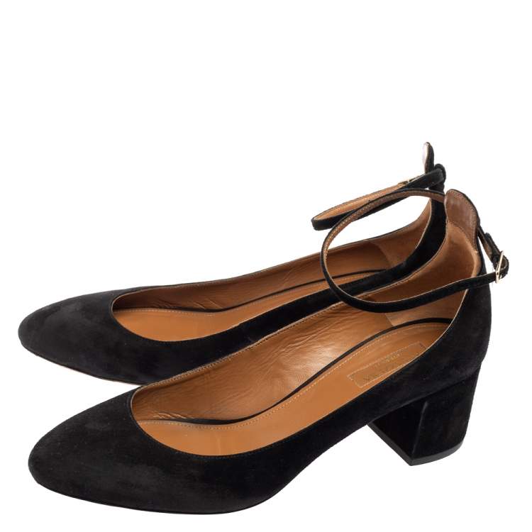 Pre Owned Aquazzura Black Suede Alix Ankle Strap Block Heel Pumps Size 39