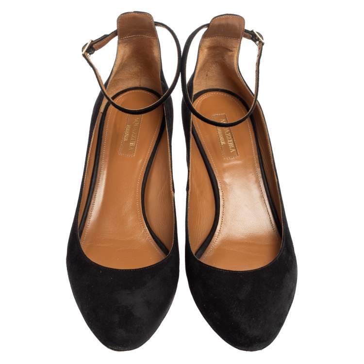 Pre Owned Aquazzura Black Suede Alix Ankle Strap Block Heel Pumps Size 39