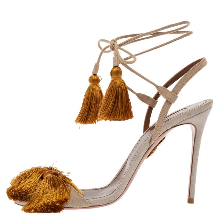 Pre Owned Aquazzura Grey Suede Tassel Accents Sandals Size 39.5