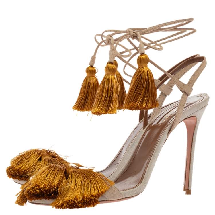 Pre Owned Aquazzura Grey Suede Tassel Accents Sandals Size 39.5