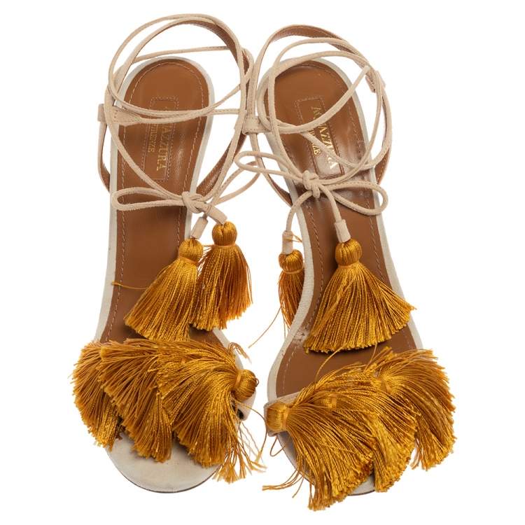 Pre Owned Aquazzura Grey Suede Tassel Accents Sandals Size 39.5