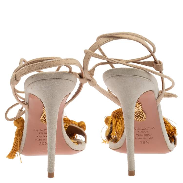 Pre Owned Aquazzura Grey Suede Tassel Accents Sandals Size 39.5