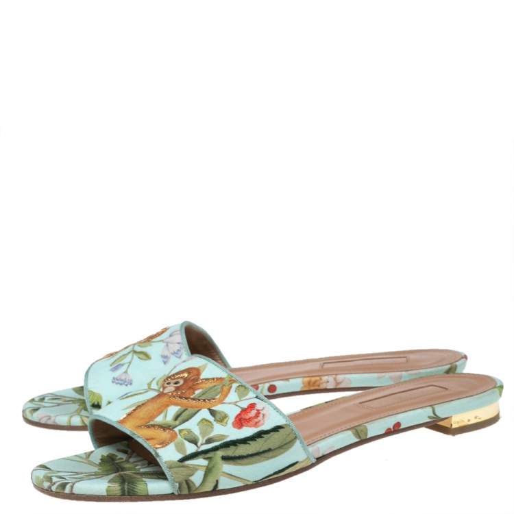 Pre Owned Aquazzura Sky Blue Leather Flower Print Flat Sandals Size 37