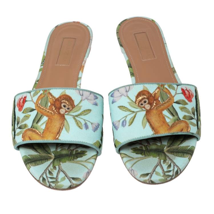 Pre Owned Aquazzura Sky Blue Leather Flower Print Flat Sandals Size 37