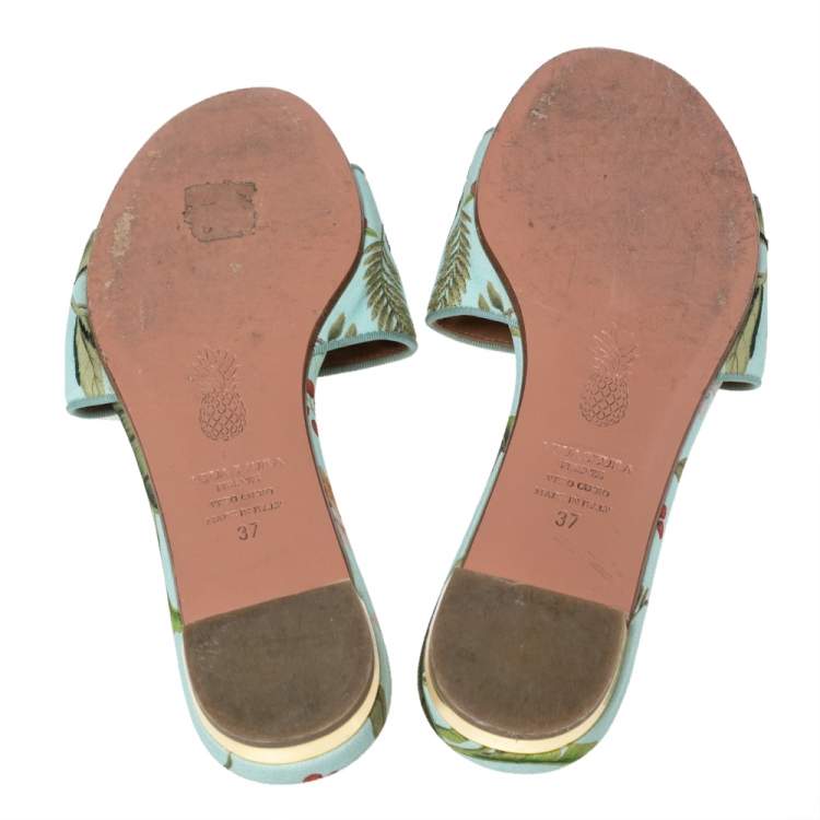 Pre Owned Aquazzura Sky Blue Leather Flower Print Flat Sandals Size 37