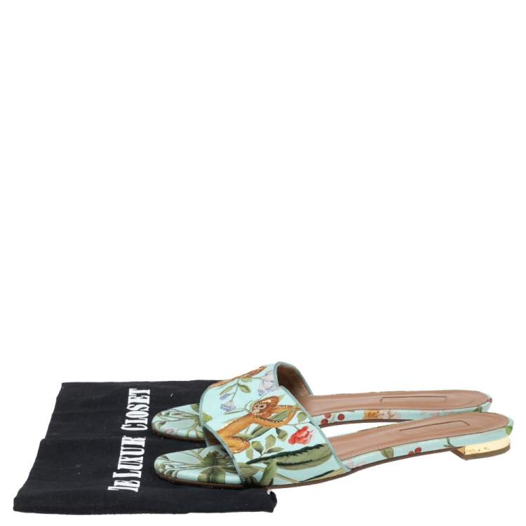 Pre Owned Aquazzura Sky Blue Leather Flower Print Flat Sandals Size 37