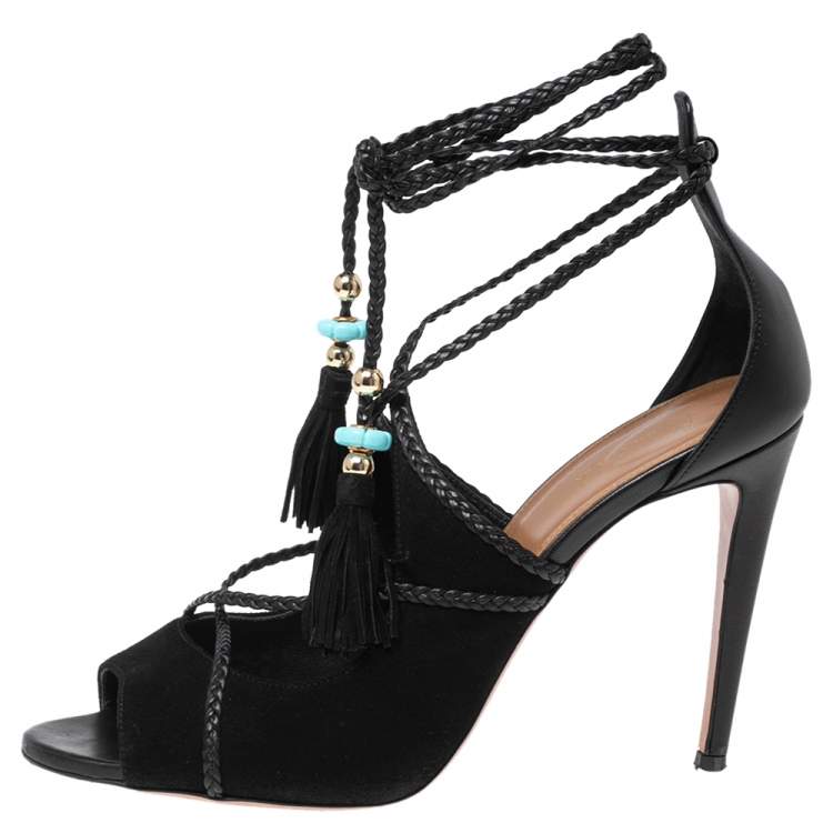 Pre Owned Aquazzura Black Suede And Leather Hero Ankle Wrap Sandals Size 41