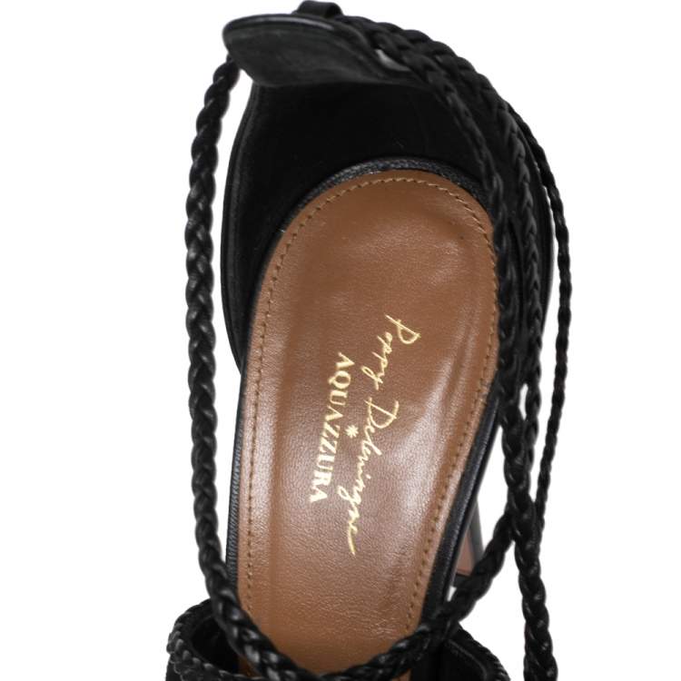 Pre Owned Aquazzura Black Suede And Leather Hero Ankle Wrap Sandals Size 41