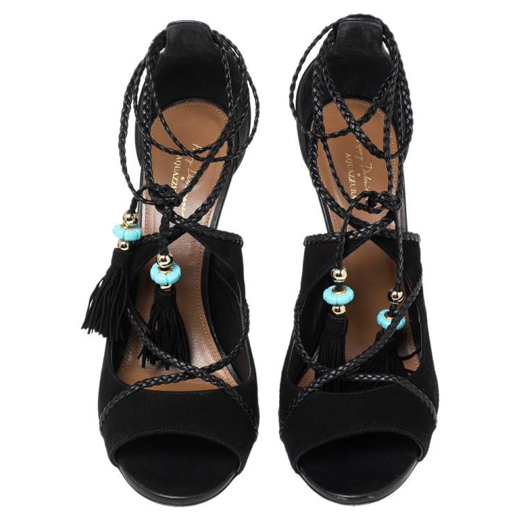 Pre Owned Aquazzura Black Suede And Leather Hero Ankle Wrap Sandals Size 41