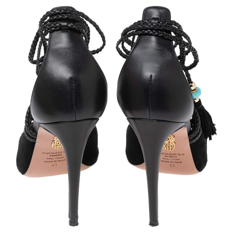 Pre Owned Aquazzura Black Suede And Leather Hero Ankle Wrap Sandals Size 41