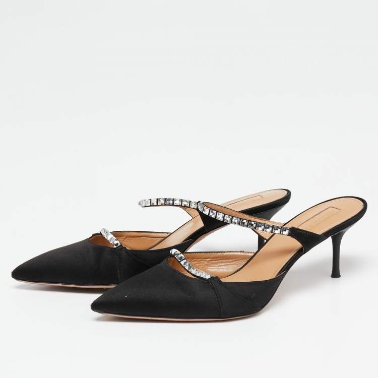 Pre Owned Aquazzura Black Satin Crystal Embellished Mule Sandals Size 38