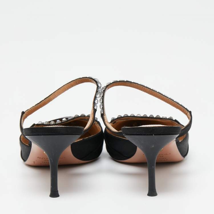 Pre Owned Aquazzura Black Satin Crystal Embellished Mule Sandals Size 38