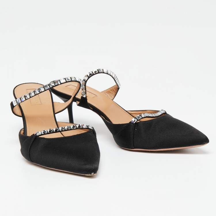 Pre Owned Aquazzura Black Satin Crystal Embellished Mule Sandals Size 38