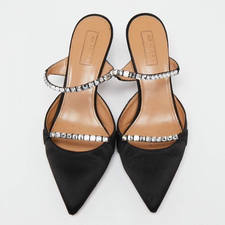 Pre Owned Aquazzura Black Satin Crystal Embellished Mule Sandals Size 38