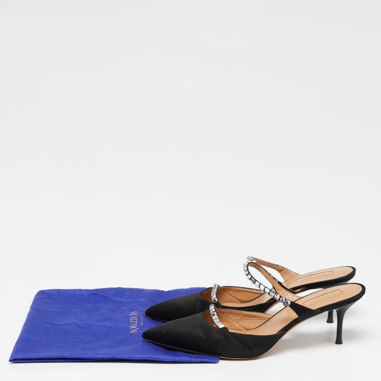 Pre Owned Aquazzura Black Satin Crystal Embellished Mule Sandals Size 38