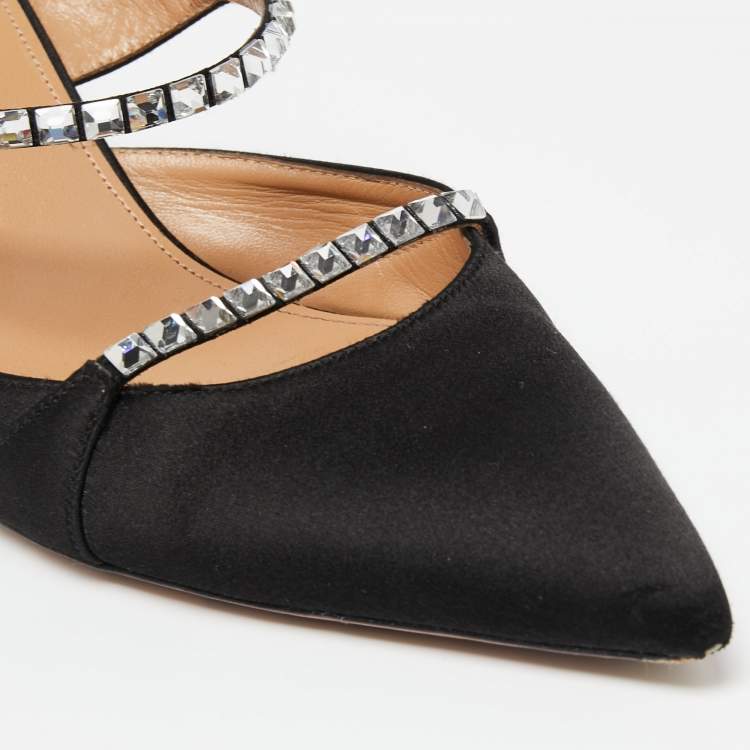 Pre Owned Aquazzura Black Satin Crystal Embellished Mule Sandals Size 38