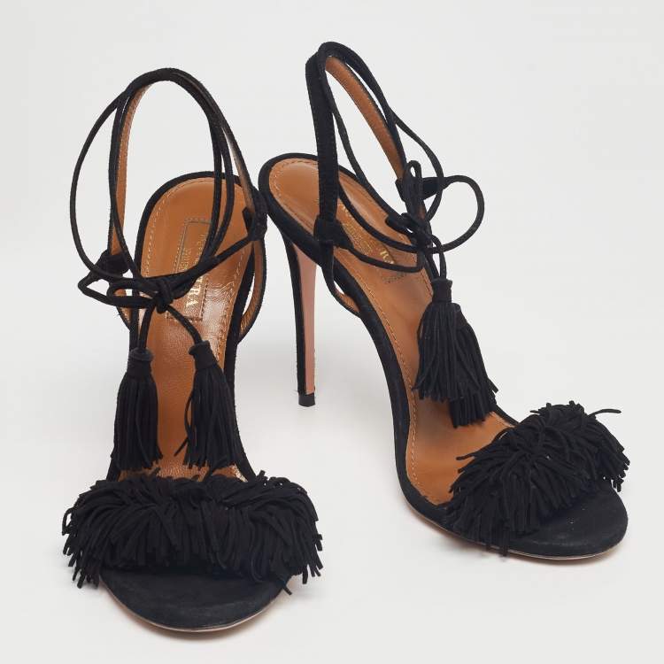 Pre Owned Aquazzura Black Suede Wild Thing Ankle Wrap Sandals Size 37