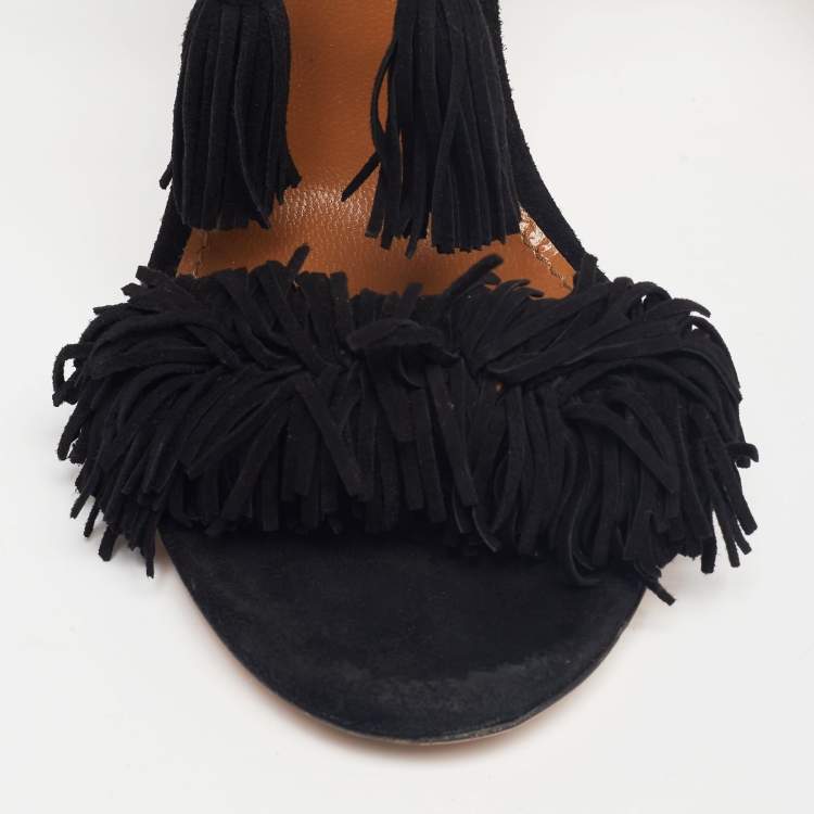 Pre Owned Aquazzura Black Suede Wild Thing Ankle Wrap Sandals Size 37
