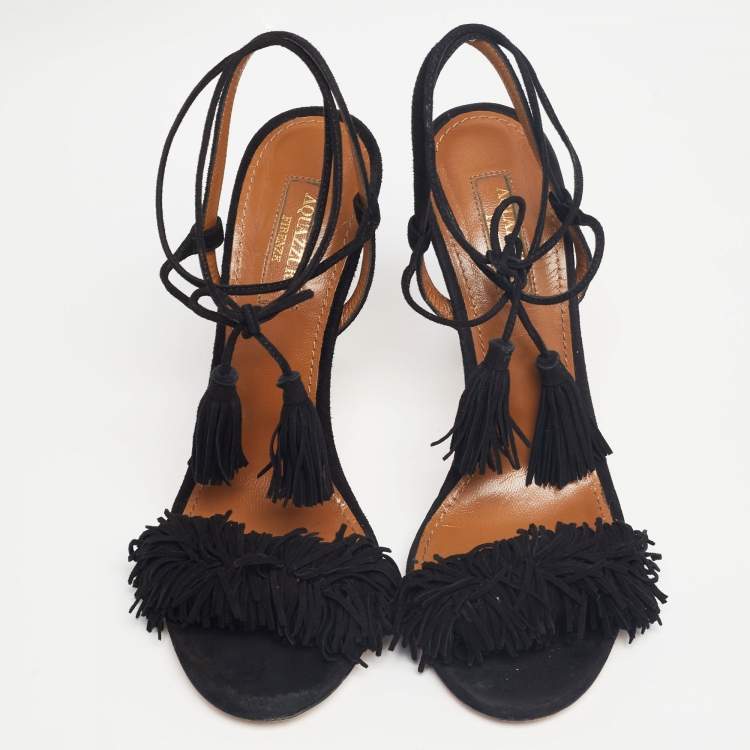 Pre Owned Aquazzura Black Suede Wild Thing Ankle Wrap Sandals Size 37