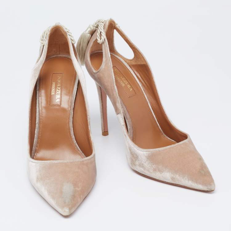Pre Owned Aquazzura Beige Velvet Tassel Tie Marilyn Pumps Size 37   